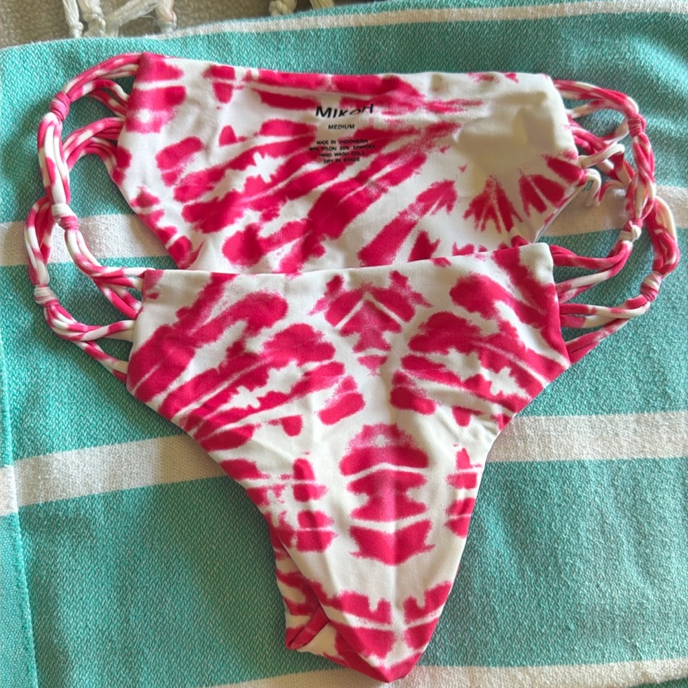 MIKOH Pink & White Tie-Dye Strappy Bikini Bottoms | Size M